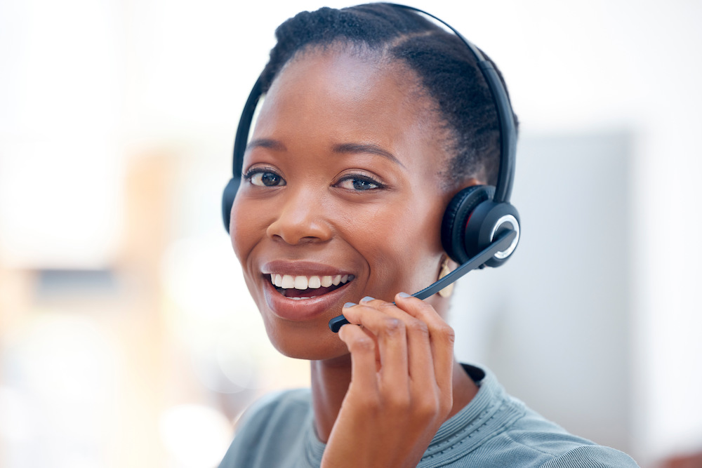 Call center portrait, headset or happy black woman in communication at telecom customer services. M